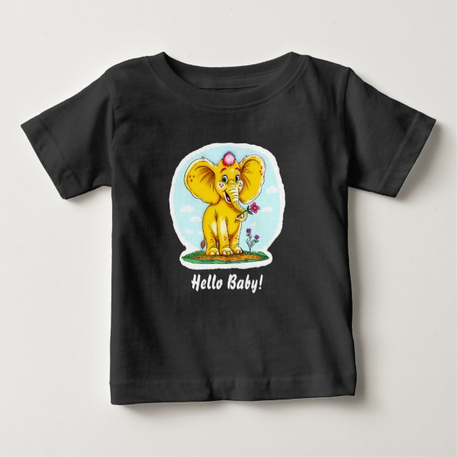 Camiseta Para Bebê Hello Baby! – Cute Elephant Baby T-Shirt (Black) (Frente)