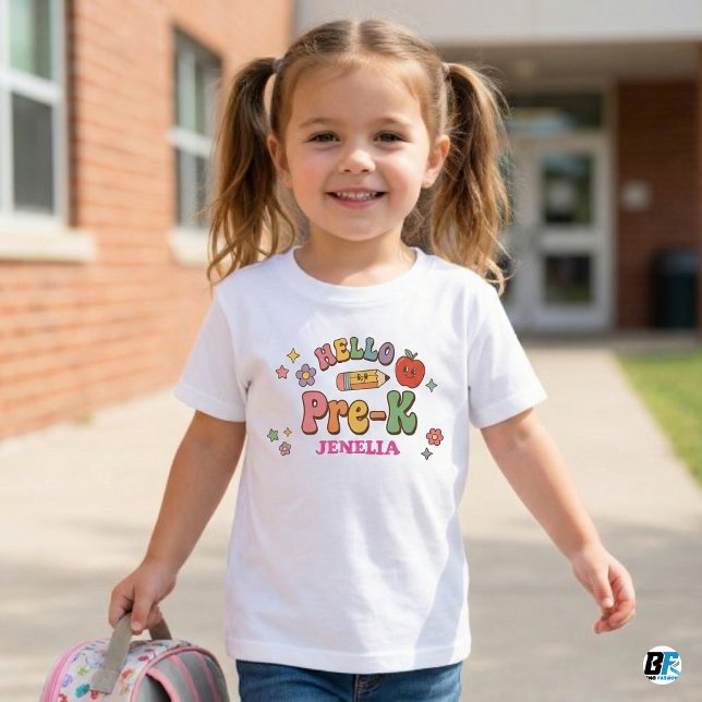 Camiseta Para Bebê Hello Pre-K Retro Groovy Personalized Name Back To (Criador carregado)