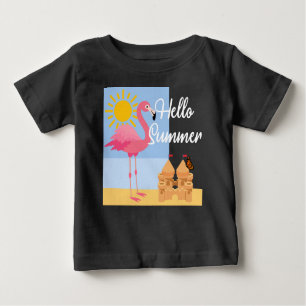 Camiseta Para Bebê Hello Summer Pink Flamingo Design - Baby Fine Jers