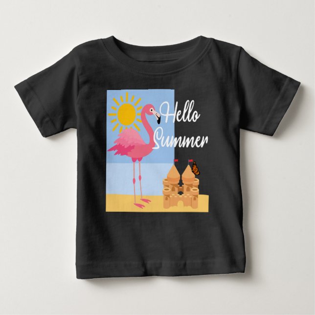 Camiseta Para Bebê Hello Summer Pink Flamingo Design - Baby Fine Jers (Frente)