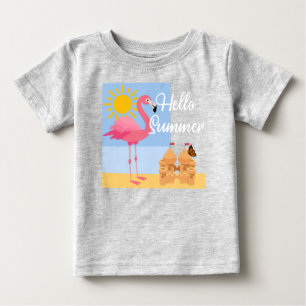 Camiseta Para Bebê Hello Summer Pink Flamingo Design - Baby Fine Jers