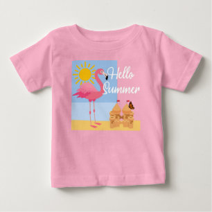 Camiseta Para Bebê Hello Summer Pink Flamingo Design - Baby Fine Jers