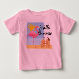 Camiseta Para Bebê Hello Summer Pink Flamingo Design - Baby Fine Jers
