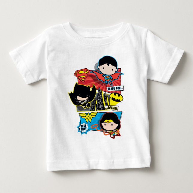 Camiseta Para Bebê Heróis Chibi Prontos Para Ação! (Frente)