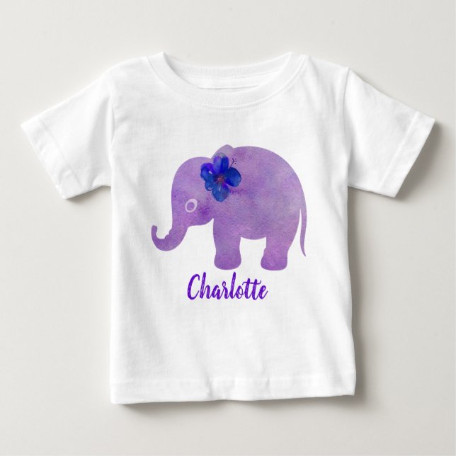 Camiseta Para Bebê Hibiscus Elephant Aquarela Personalizável (Frente)