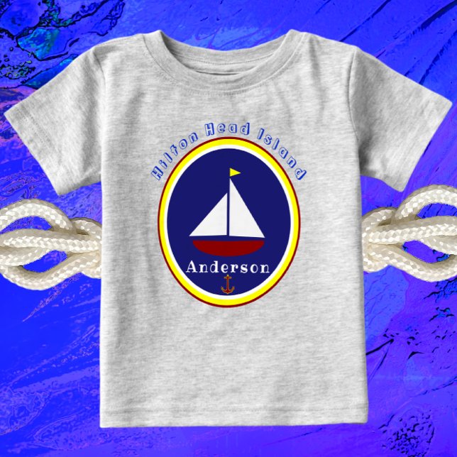 Camiseta Para Bebê Hillton Head Island Cute Sailboat Anchor e Nome (Criador carregado)