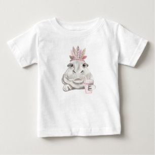 CAMISETA PARA BEBÊ HIPPO ADORÁVEL COM PINK E PENAS DE PINCO