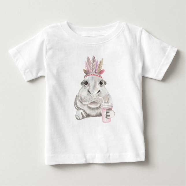 CAMISETA PARA BEBÊ HIPPO ADORÁVEL COM PINK E PENAS DE PINCO (Frente)