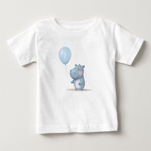 Camiseta Para Bebê Hippo Aniversário azul suave  (Frente)