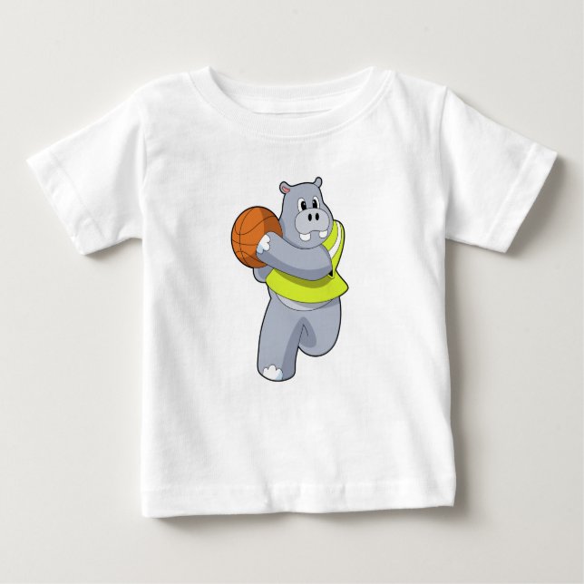 Camiseta Para Bebê Hippo como jogador de basquete com basquete.PNG (Frente)
