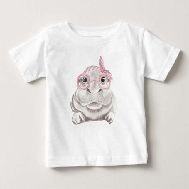 CAMISETA PARA BEBÊ HIPPO DE CINZA CUTA COM CHAPA E COPA DE ROSA (Frente)