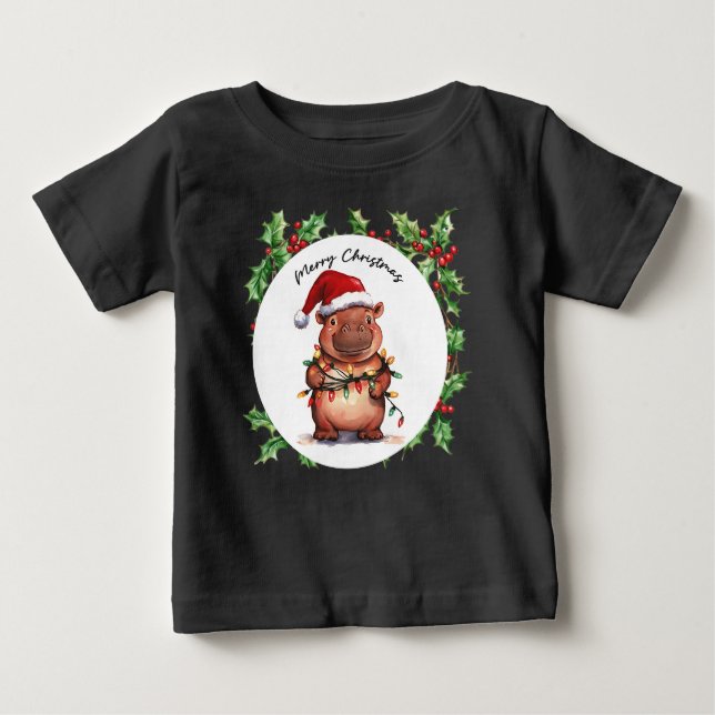 Camiseta Para Bebê Hippo Natal Pensado para Amantes de os animais (Frente)