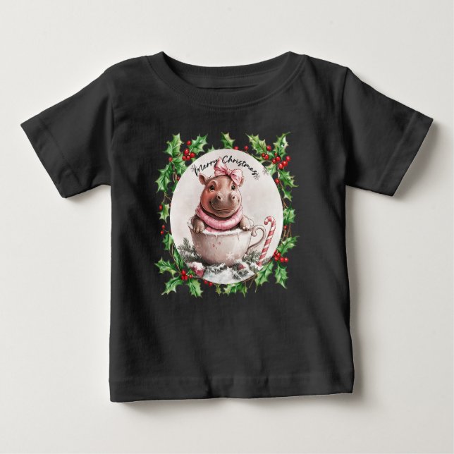 Camiseta Para Bebê Hippo Natal Pensado para Amantes de os animais (Frente)