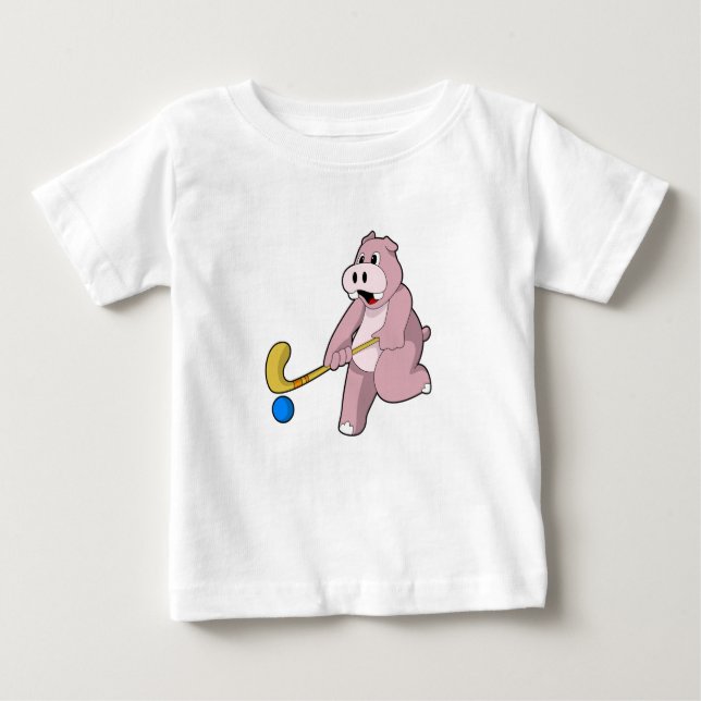 Camiseta Para Bebê Hippo no Hockey com taco de Hóquei (Frente)