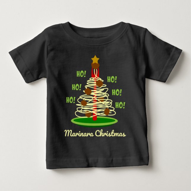 Camiseta Para Bebê Ho! Ho! Ho! Árvore de Massas de Natal Marinara (Frente)