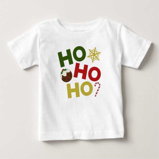 Camiseta Para Bebê HO HO HO + pudim de Natal, doce, floco de neve (Frente)
