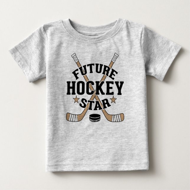 Camiseta Para Bebê Hockey com bebê Futuro Hockey com Estrelas Castanh (Frente)