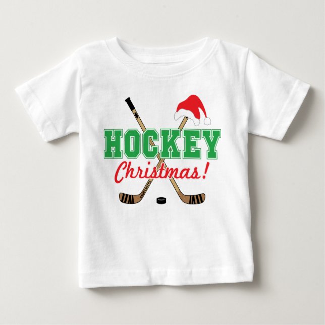 Camiseta Para Bebê Hockey com palitos de Natal com Papai Noel (Frente)