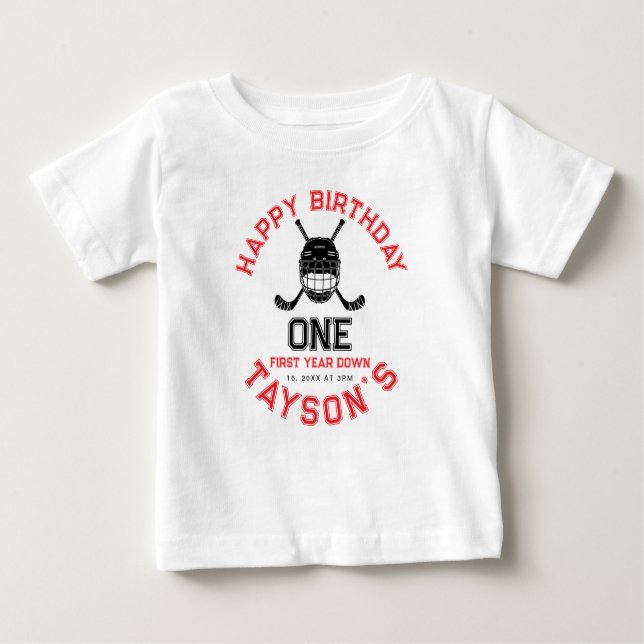 Camiseta Para Bebê Hockey First Year Down 1st birthday  (Frente)