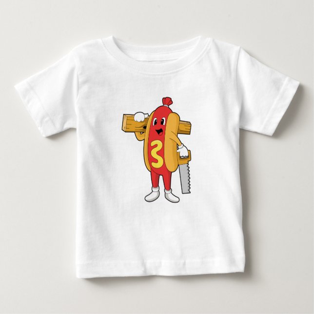 Camiseta Para Bebê Hotdog como carpinteiro com serra e madeira (Frente)