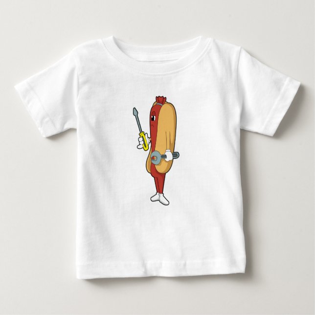 Camiseta Para Bebê Hotdog como mecânico com ferramenta (Frente)
