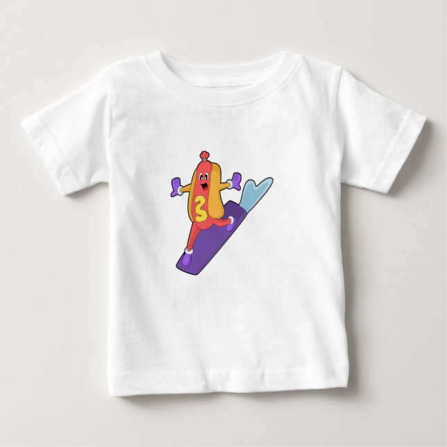 Camiseta Para Bebê Hotdog como Snowboarder com Sonowboard (Frente)