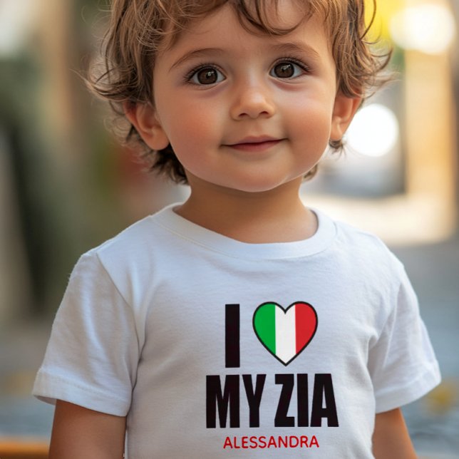 Camiseta Para Bebê I LOVE MY ZIA  gift for Italian Aunt (White baby t-shirt with “I Love My Zia,” heart in Italian flag colors, customizable with Zia’s name)