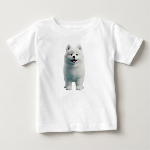 Camiseta Para Bebê Ilustração 3D de Cachorro Samoyed Branco Fofinho e
