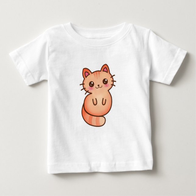 Camiseta Para Bebê Ilustração alaranjada bonito do gato de Kawaii (Frente)