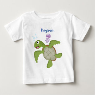 Camiseta Para Bebê Ilustração animada feliz da tartaruga verde-branca