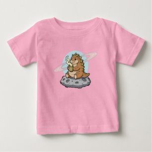 Camiseta Para Bebê Ilustração de Café Espaço Dinossauro Fofo