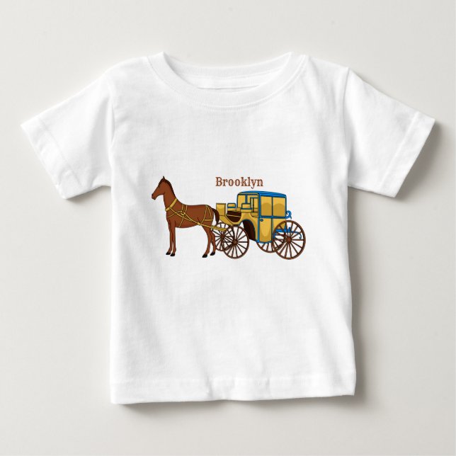 Camiseta Para Bebê Ilustração de cavalo fofo e carruagem real (Frente)