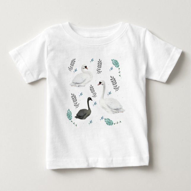 Camiseta Para Bebê Ilustração de Cisne de Conto de Fadas Botânico Fol (Frente)