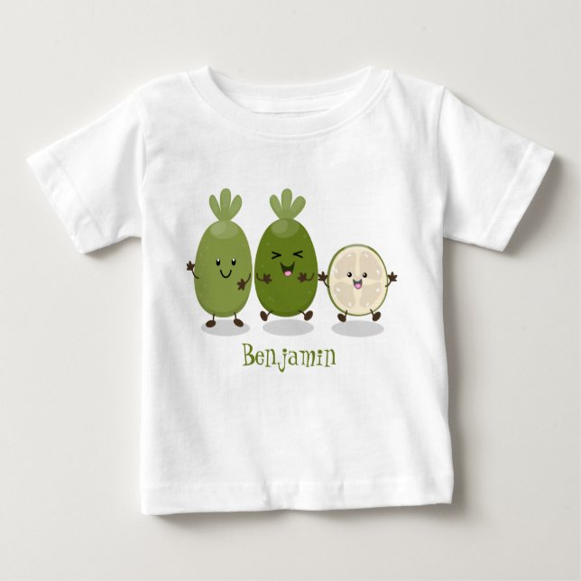 Camiseta Para Bebê Ilustração de desenho animado com abacaxi guava fe (Frente)