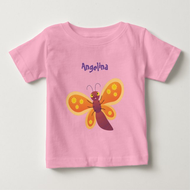 Camiseta Para Bebê Ilustração de desenho animado de borboleta laranja (Frente)