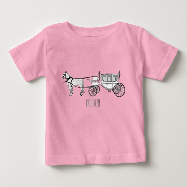 Camiseta Para Bebê Ilustração de desenho animado de carruagem e caval (Frente)