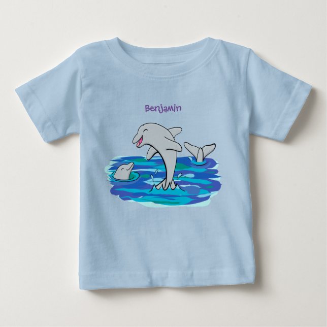 Camiseta Para Bebê Ilustração de desenho animado de golfinhos alegres (Frente)