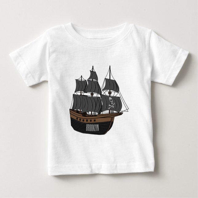 Camiseta Para Bebê Ilustração de desenho animado de navio pirata (Frente)