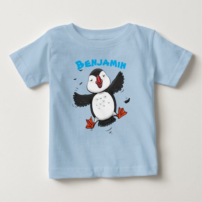 Camiseta Para Bebê Ilustração de desenho animado de puffin voador fel (Frente)