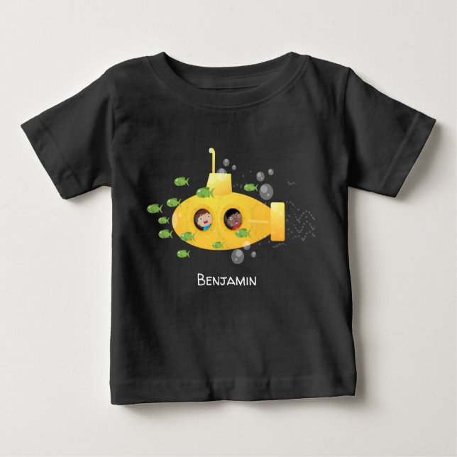 Camiseta Para Bebê Ilustração de desenho animado submarino amarelo (Frente)