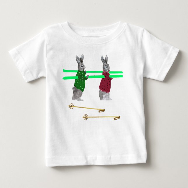 Camiseta Para Bebê Ilustração de Esqui Coelho Bonito (Frente)