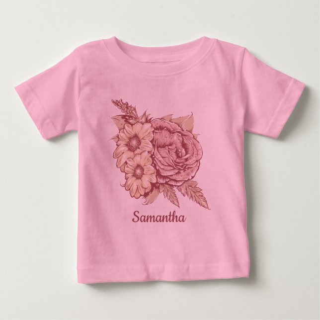 Camiseta Para Bebê Ilustração de Flor, vestuário de nome personalizad (Frente)