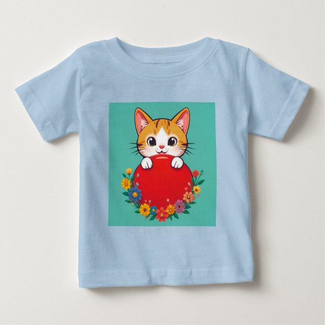 Camiseta Para Bebê Ilustração de Gato Fofo (Frente)