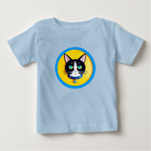 Camiseta Para Bebê Ilustração de Gato Preto e Branco com Olhos Azuis