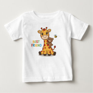 Camiseta Para Bebê Ilustração de Girafa e Urso Fofos Melhores Amigos