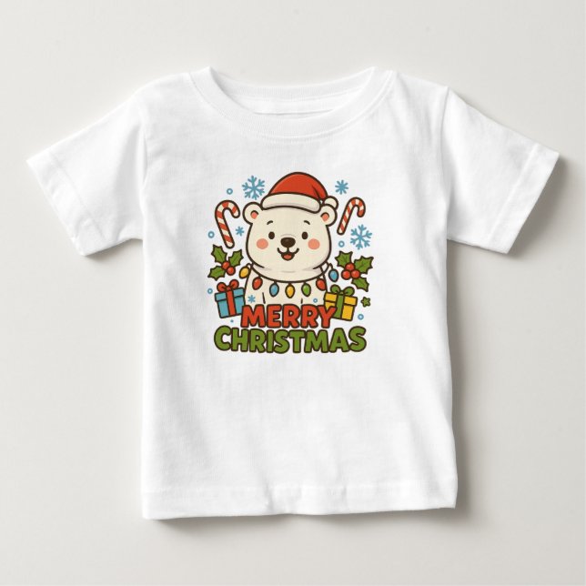 Camiseta Para Bebê Ilustração de Urso de Natal Fofo (Frente)