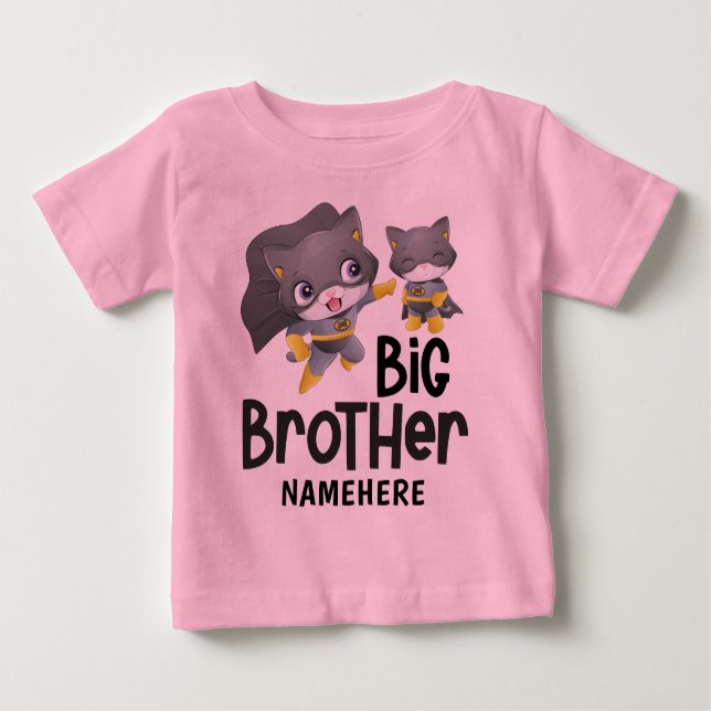 Camiseta Para Bebê Ilustração do Gato Super-Herói Big Brother com Nom (Frente)