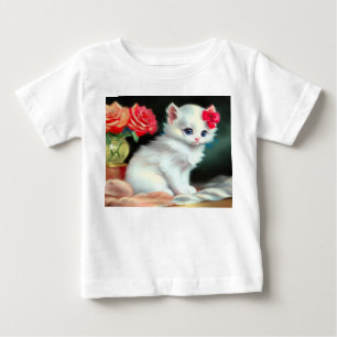 Camiseta Para Bebê Ilustração Vintage White Kitten com Flores Vermelh