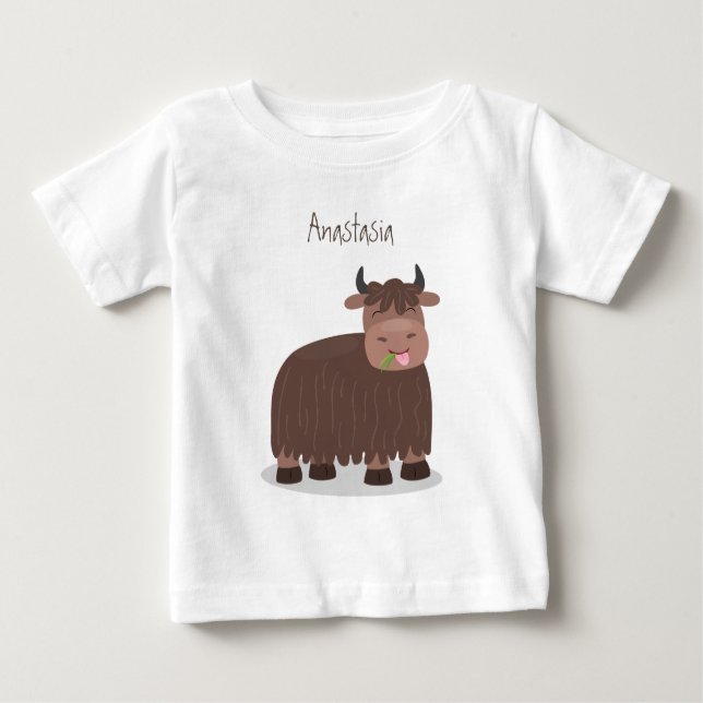Camiseta Para Bebê Imagem animada de relva feliz comendo iaque engraç (Frente)
