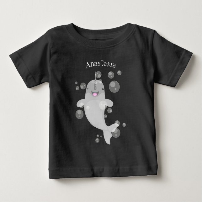 Camiseta Para Bebê Imagem de desenho animado de bolhas de narvais fel (Frente)